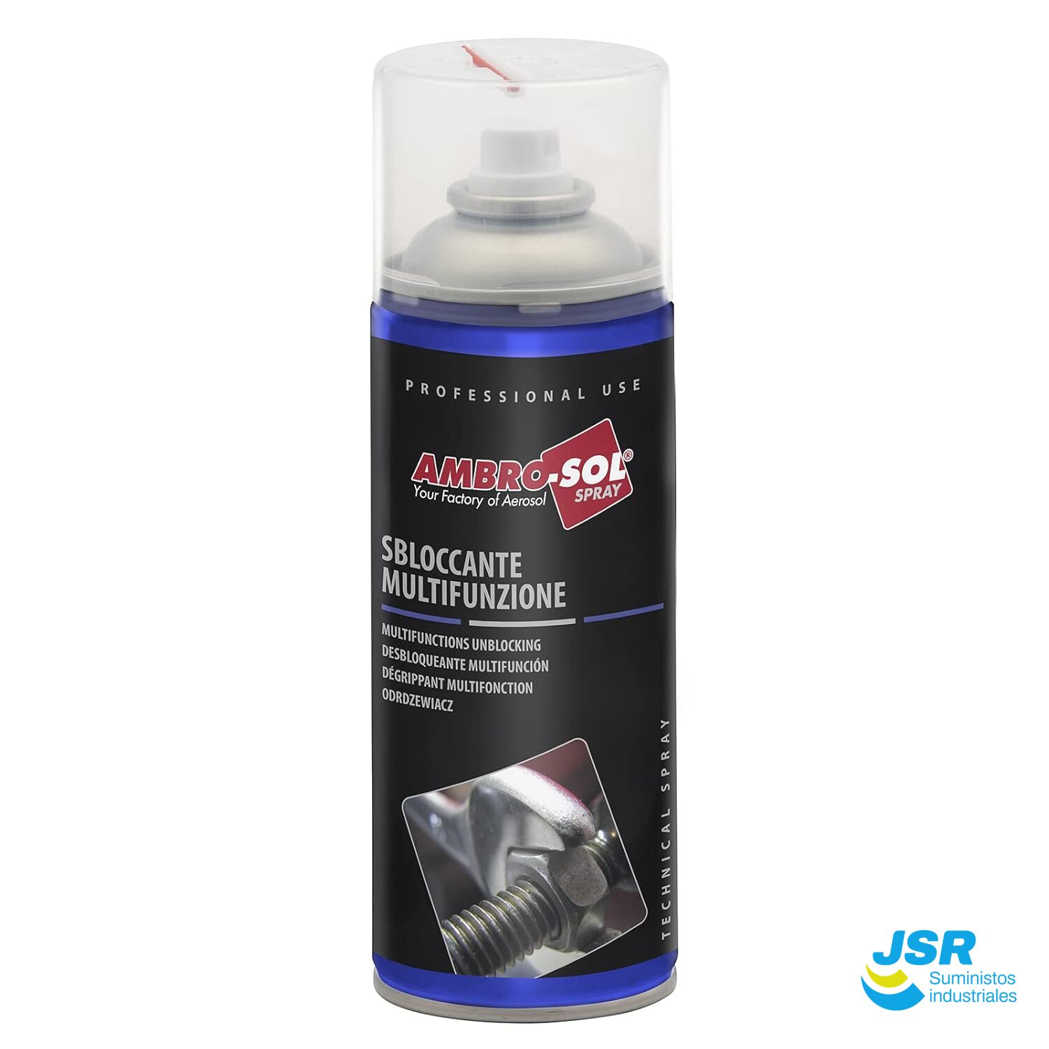Spray desbloqueante multifunción Ambro-Sol para lubricar y proteger piezas metálicas.