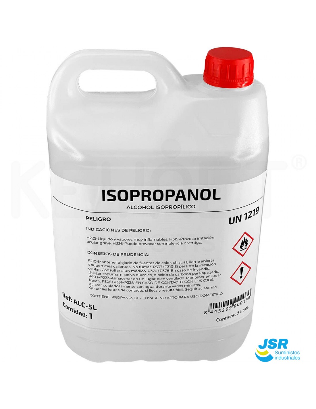 Bidón de alcohol isopropílico con etiqueta UN 1219 y símbolos de seguridad