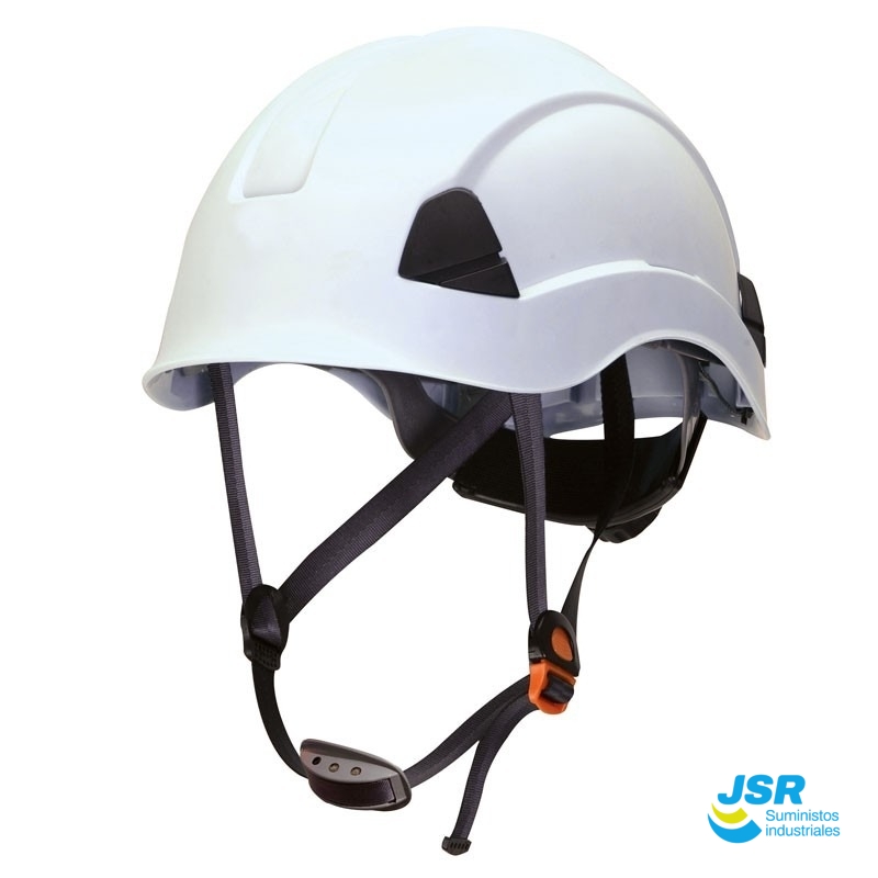 Casco de seguridad blanco con barboquejo y ajuste trasero para trabajos en altura