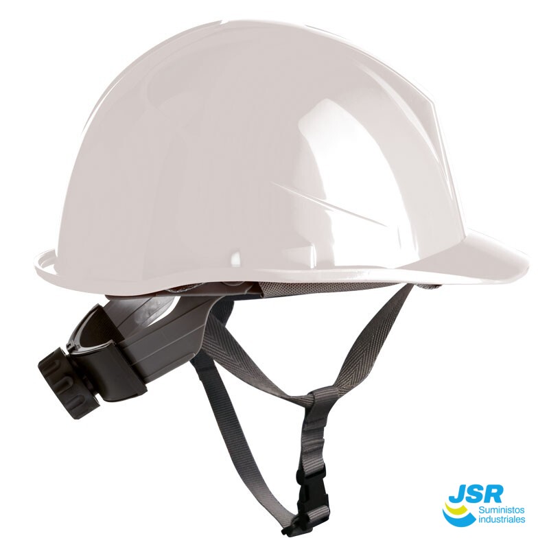 Casco de seguridad blanco con ajuste trasero y barboquejo lateral visible