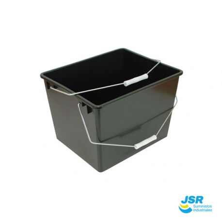 Cubeta rectangular de plástico negro con asas metálicas abatibles