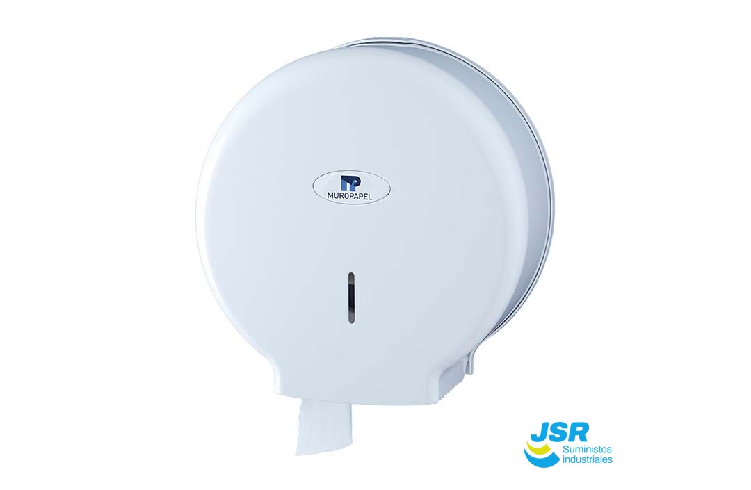 Dispensador higiénico industrial blanco para rollos grandes de papel con salida inferior