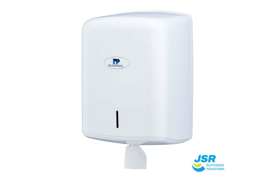 Dispensador secamanos industrial blanco para papel en bobina con salida central