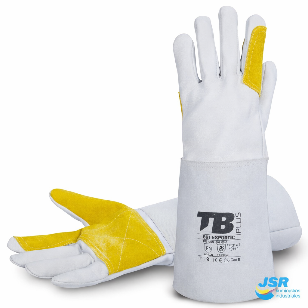 Guantes largos de soldador con refuerzos amarillos y protección térmica