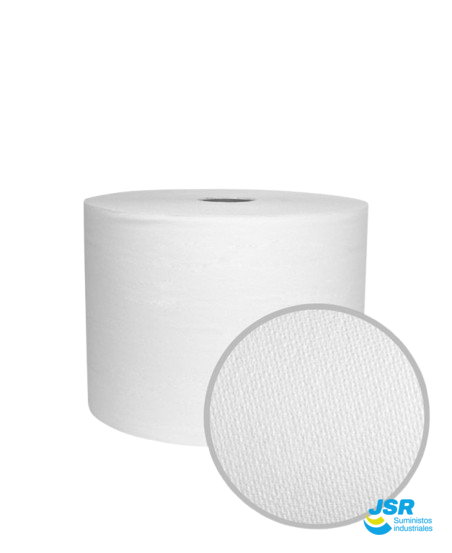 Bobina de papel industrial blanco con detalle de textura absorbente