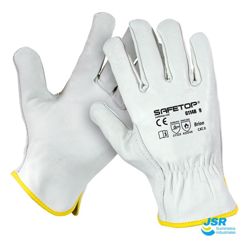 Guantes de trabajo de piel flor bovina blancos con puño elástico y refuerzo en costuras
