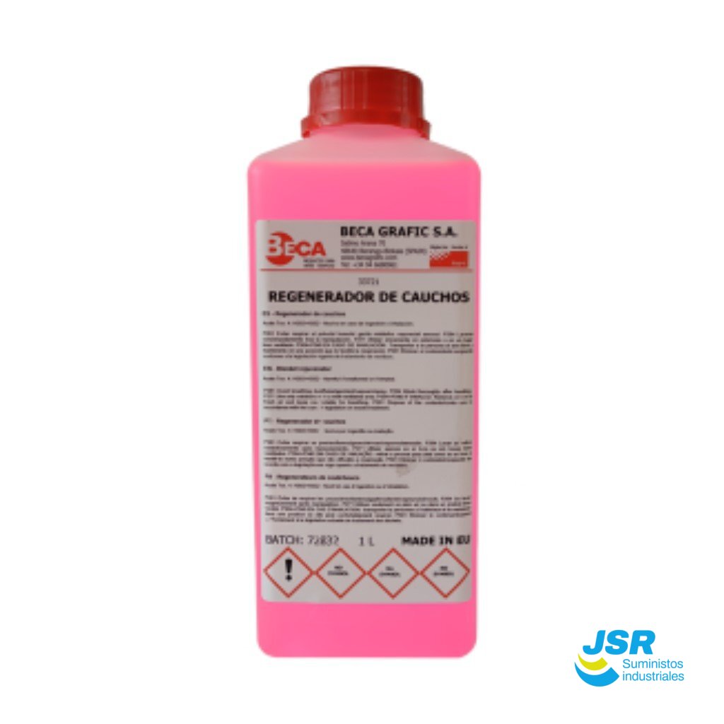 Regenerador de cauchos BECA en botella de plástico con líquido rosa