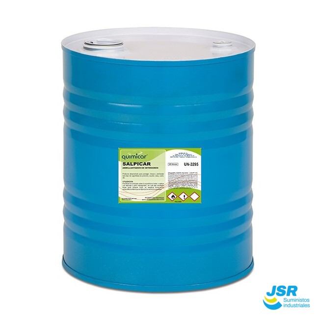 Bidón metálico azul con producto antisalpicaduras Salpicar
