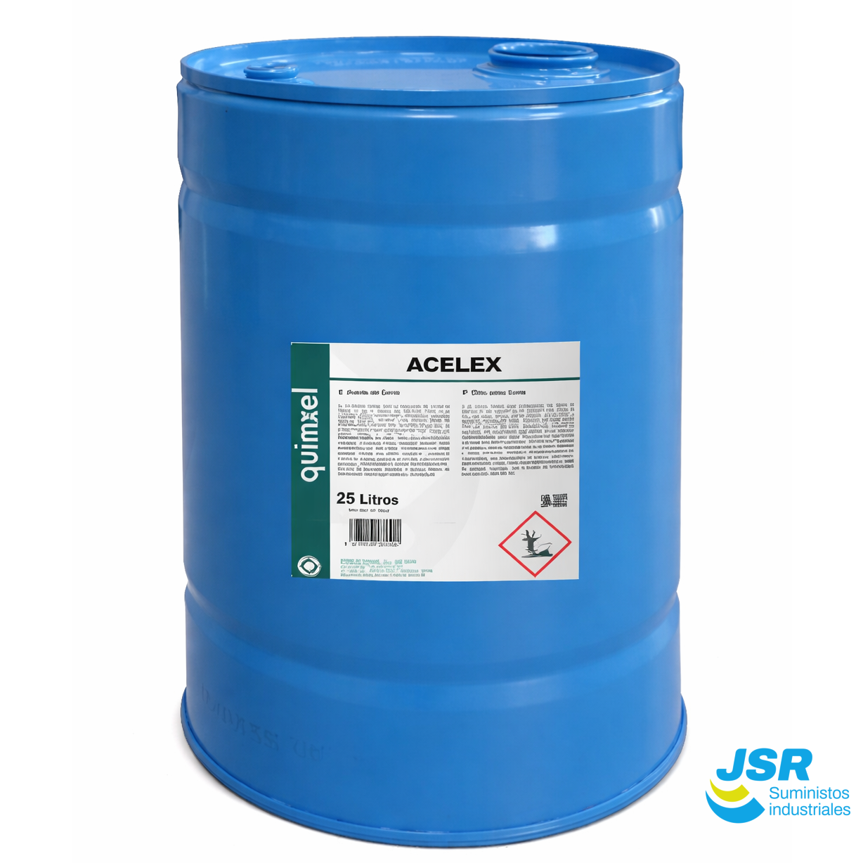 Bidón azul de 25 litros de producto químico Acelex para uso industrial con etiqueta de seguridad visible