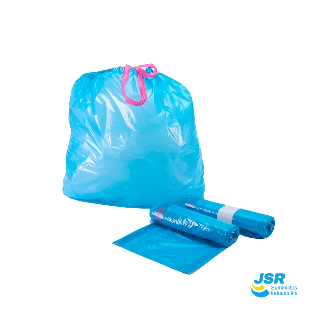 Bolsa de basura azul con cierre de cinta y rollos de recambio
