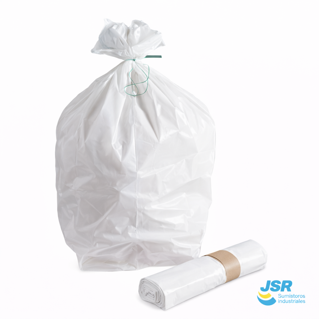 Bolsa de basura blanca con cierre y rollo de recambio